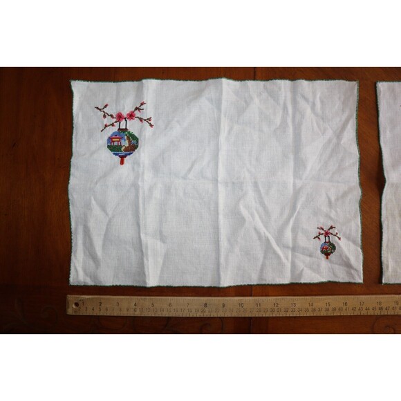 Vtg Cross Stitch Placemats Or Napkins Japanese Cherry Blossom Building 18x12" - Picture 4 of 16